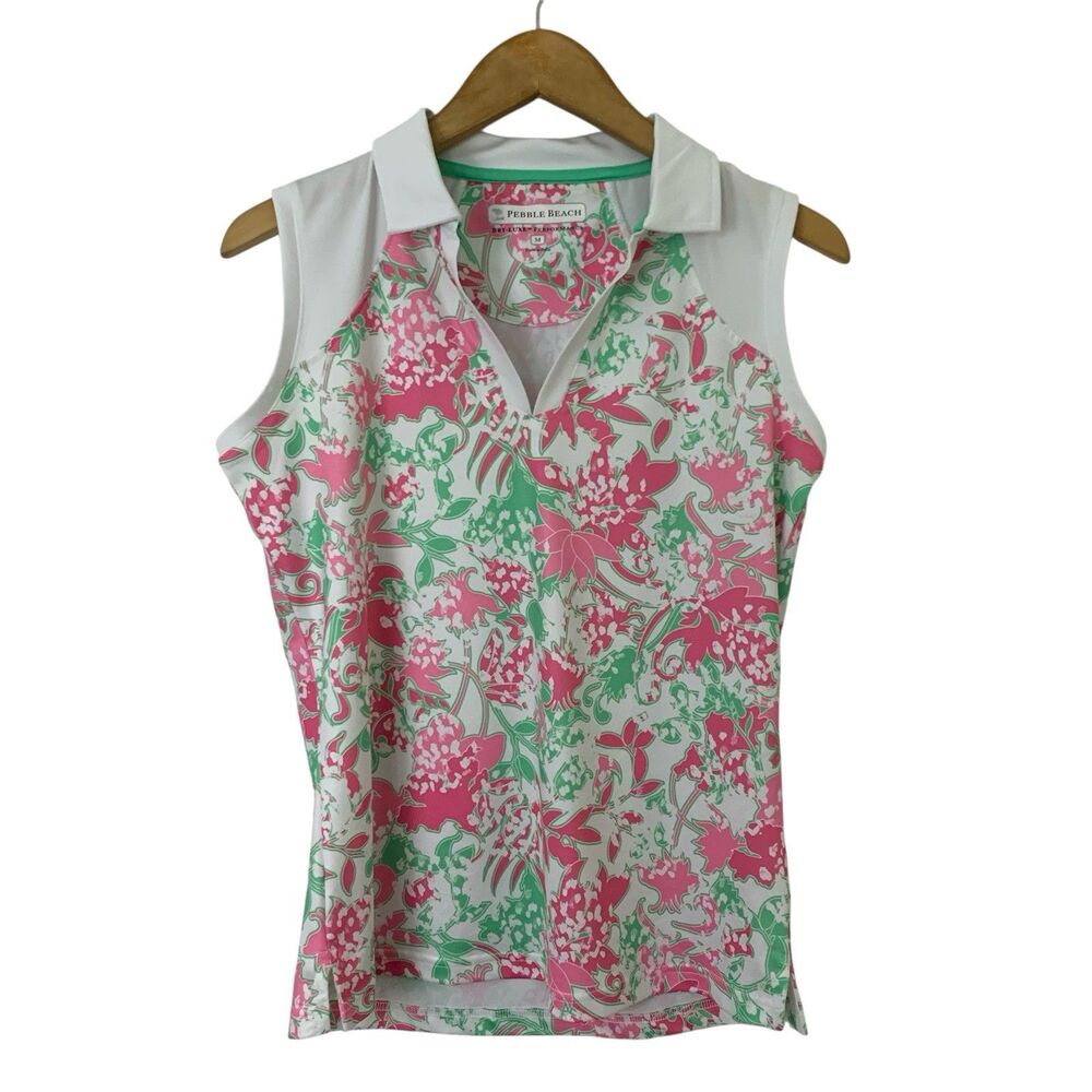 Pebble Beach Golf Top Size M Dry-Luxe Performance Polo Shirt Pink Green V Neck